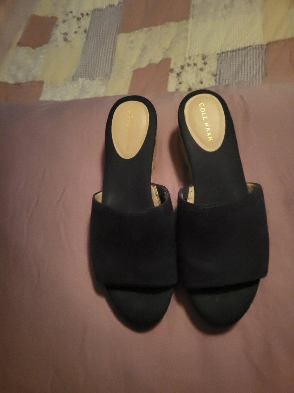 Cole Haan Navy or Black Suede Wedge Mules Size 6.5